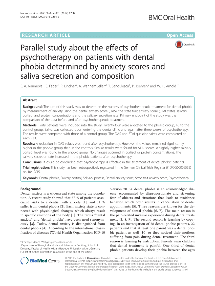 Pdf Parallel Study About The Effects Of Psychotherapy On Patients With Dental Phobia Determined By Anxiety Scores And Saliva Secretion And Composition