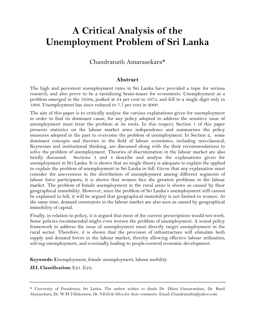 unemployment in sri lanka essay