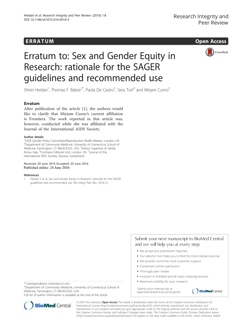 Pdf Erratum To Sex And Gender Equity In Research Rationale For The Sager Guidelines And 7190