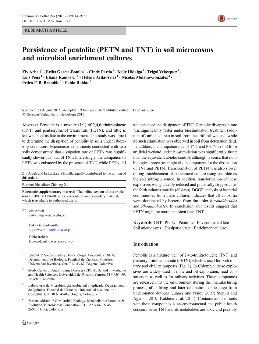 Pdf Persistence Of Pentolite Petn And Tnt In Soil Microcosms And Microbial Enrichment Cultures