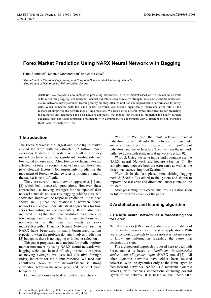 Pdf Forex Market Prediction Using Narx Neural Network With Bagging - 