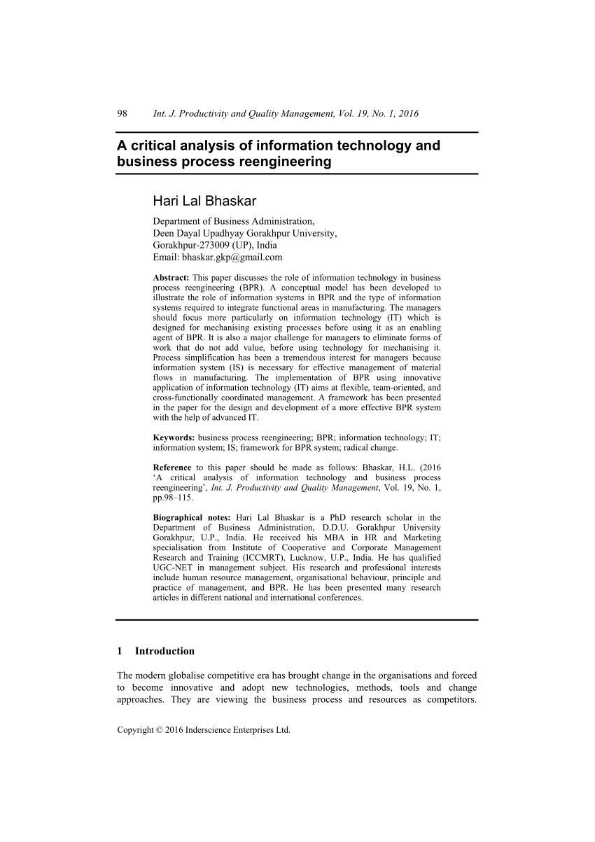 model reengineering business process (PDF) A technology critical of analysis information and