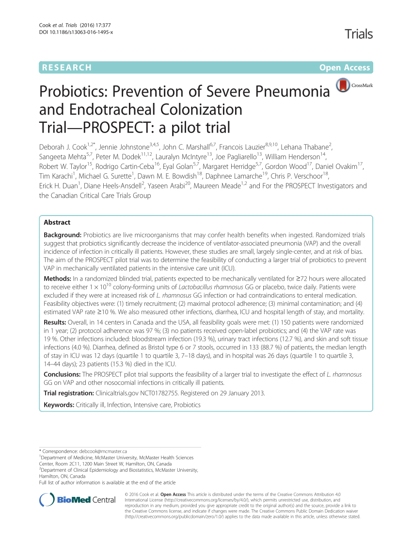 Probiotics: Prevention of Severe Pneumonia and Endotracheal Colonization Trial-PROSPECT: A pilot trial (PDF Download Available)