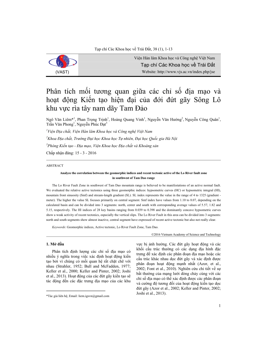 Pdf Analyze The Correlation Between The Geomorphic Indices And Recent Tectonic Active Of The Lo River Fault Zone In Southwest Of Tam Dao Range Phan Tich Mối Tương Quan Giữa Cac Chỉ
