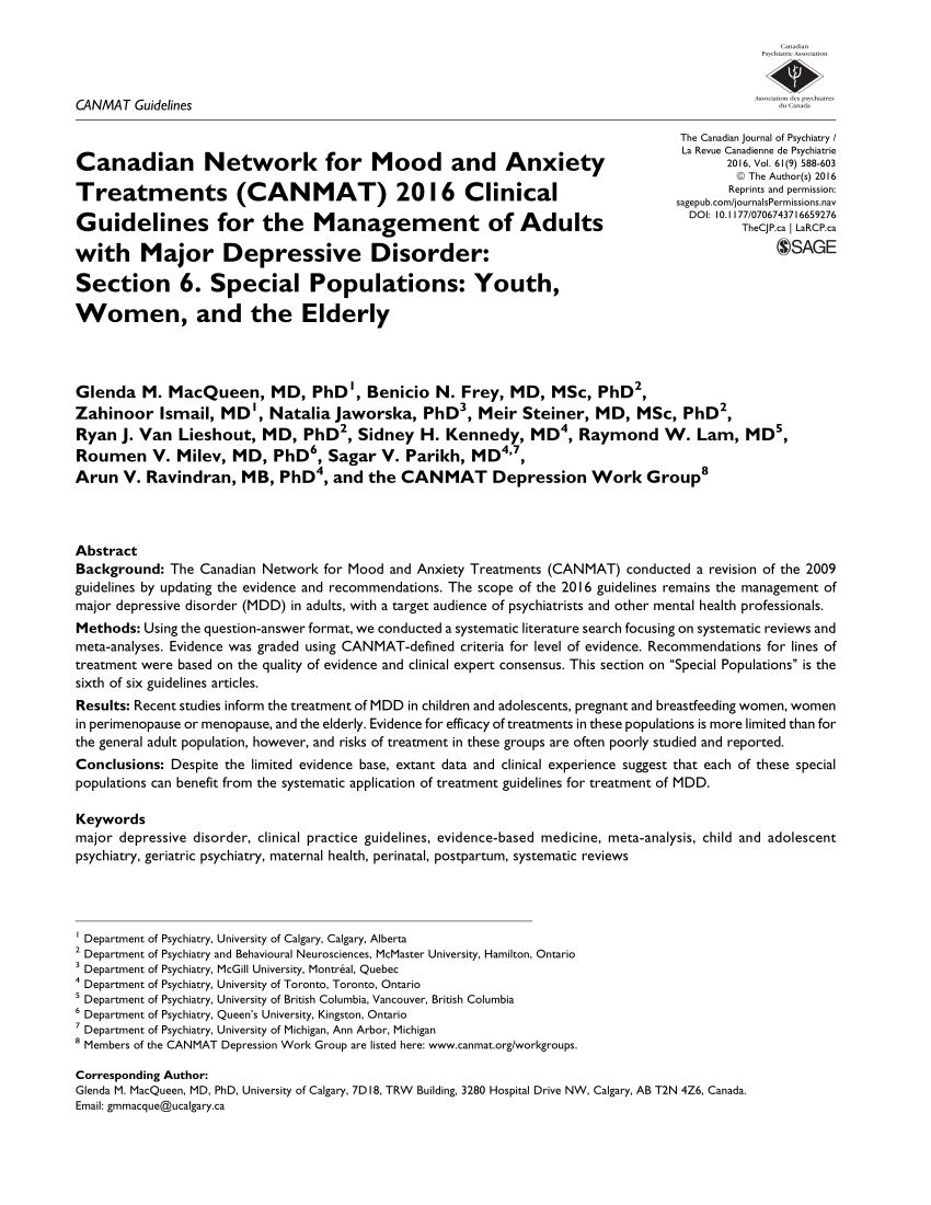 Pdf Canadian Network For Mood And Anxiety Treatments Canmat 16 Clinical Guidelines For The Management Of Adults With Major Depressive Disorder Section 6 Special Populations Youth Women And The Elderly