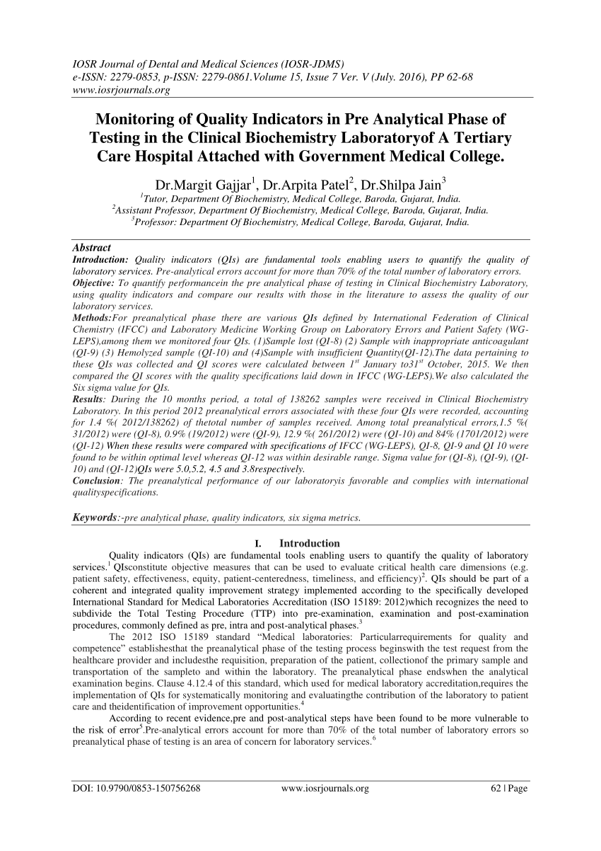 (PDF) Monitoring of Quality Indicators in Pre Analytical Phase of