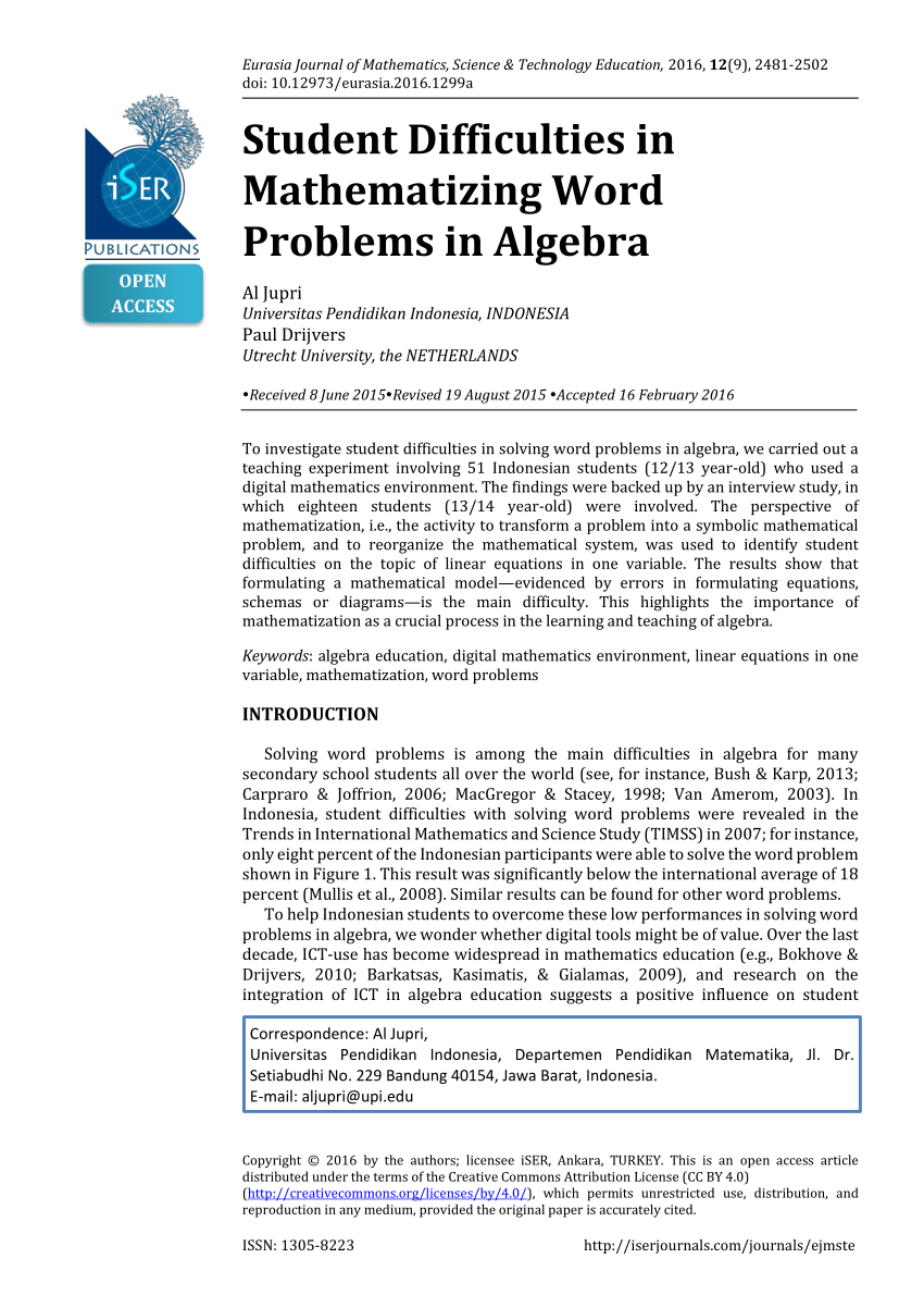 PDF) Student Difficulties in Mathematizing Word Problems in Algebra With Regard To Algebra Word Problems Worksheet Pdf
