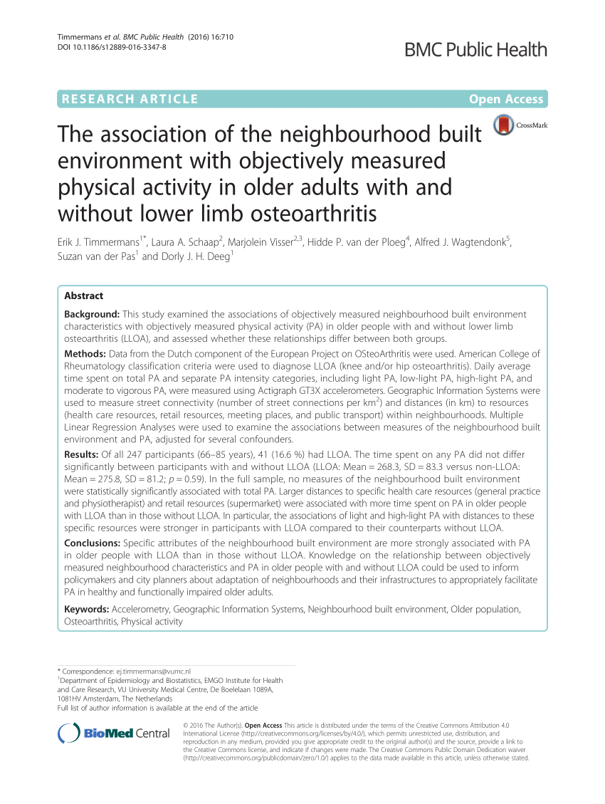 Pdf The Association Of The Neighbourhood Built Environment With Objectively Measured Physical Activity In Older Adults With And Without Lower Limb Osteoarthritis