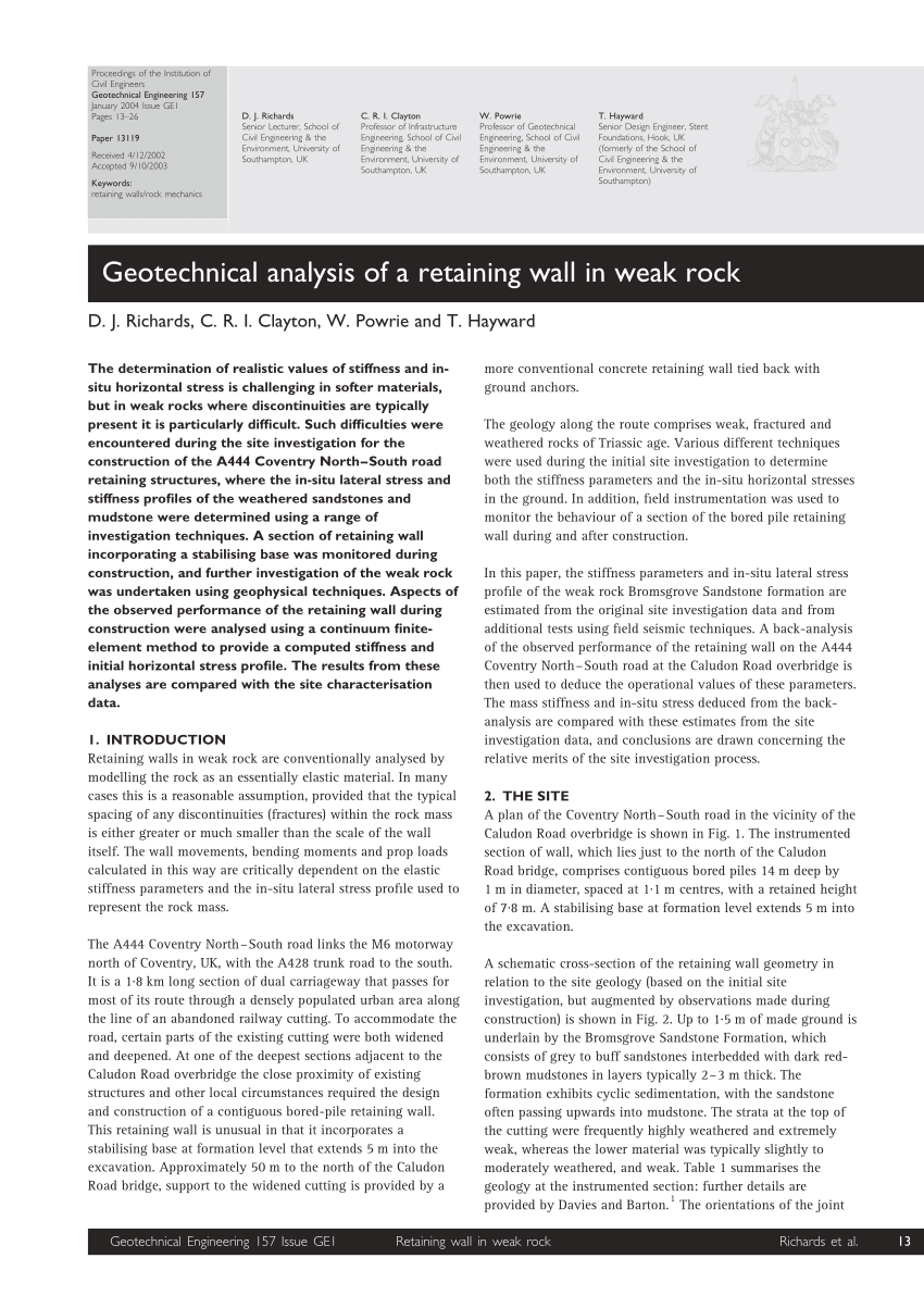 Pdf Geotechnical Analysis Of A Retaining Wall In Weak Rock