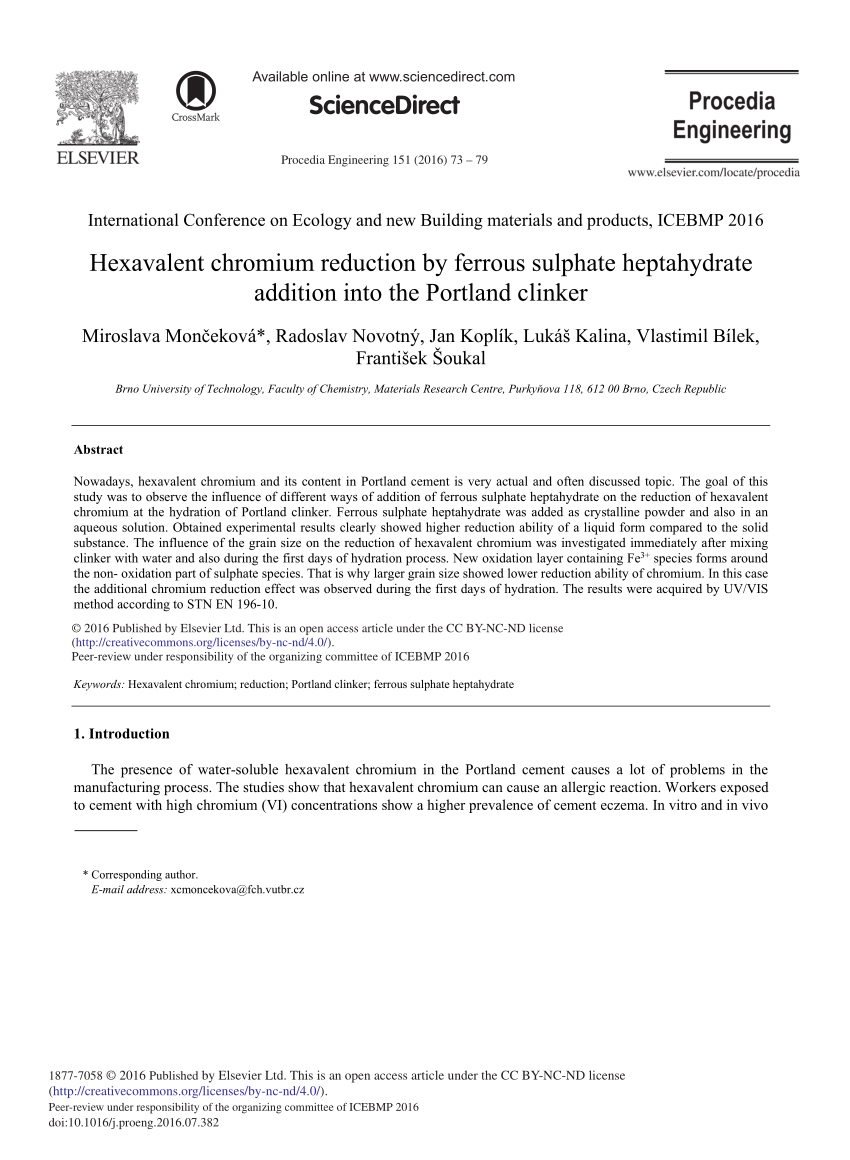 Pdf Hexavalent Chromium Reduction Ferrous Sulphate Heptahydrate Addition Into The Portland Clinker