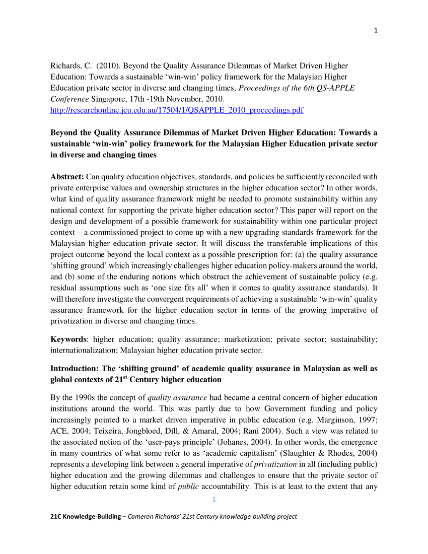 Pdf Beyond The Quality Assurance Dilemmas Of Market Driven Higher Education Towards A Sustainable Win Win Policy Framework For Universities In Malaysia And Elsewhere