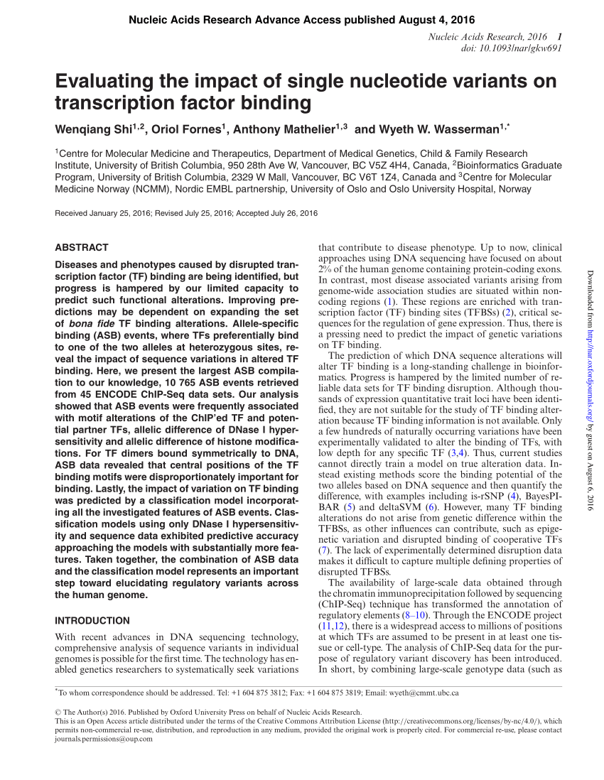 Pdf Evaluating The Impact Of Single Nucleotide Variants On Transcription Factor Binding 0117