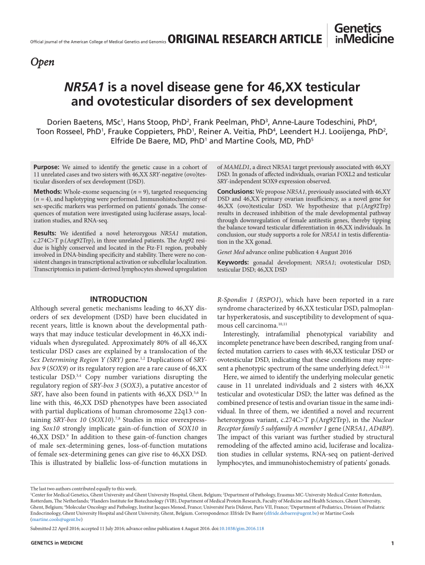 Pdf Nr5a1 Is A Novel Disease Gene For 46 Xx Testicular