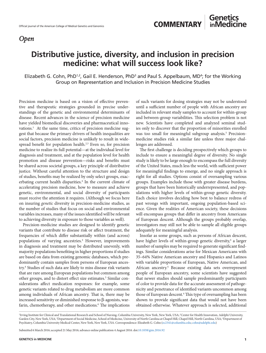 Pdf Distributive Justice Diversity And Inclusion In Precision