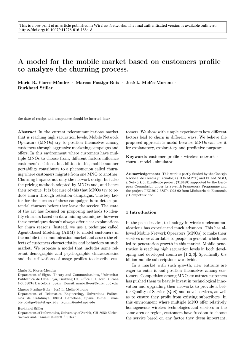 PDF) A model for the mobile market based on customers profile to analyze  the churning process