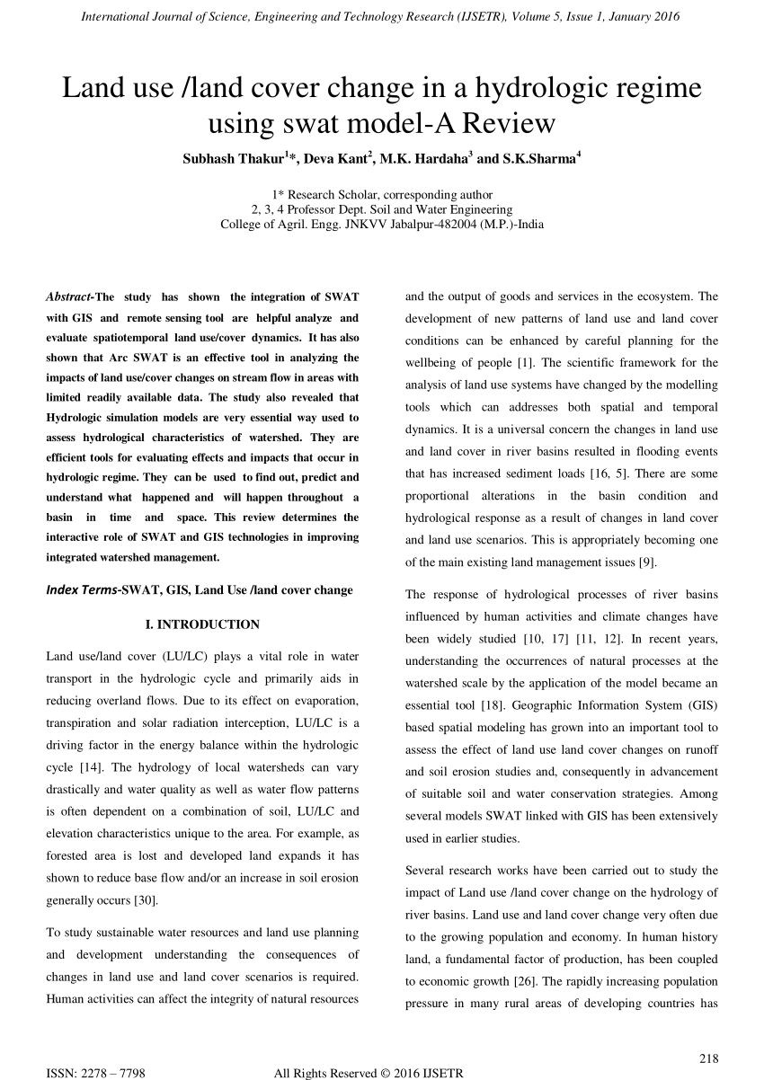 Pdf Land Use Land Cover Change In A Hydrologic Regime Using Swat Model A Review