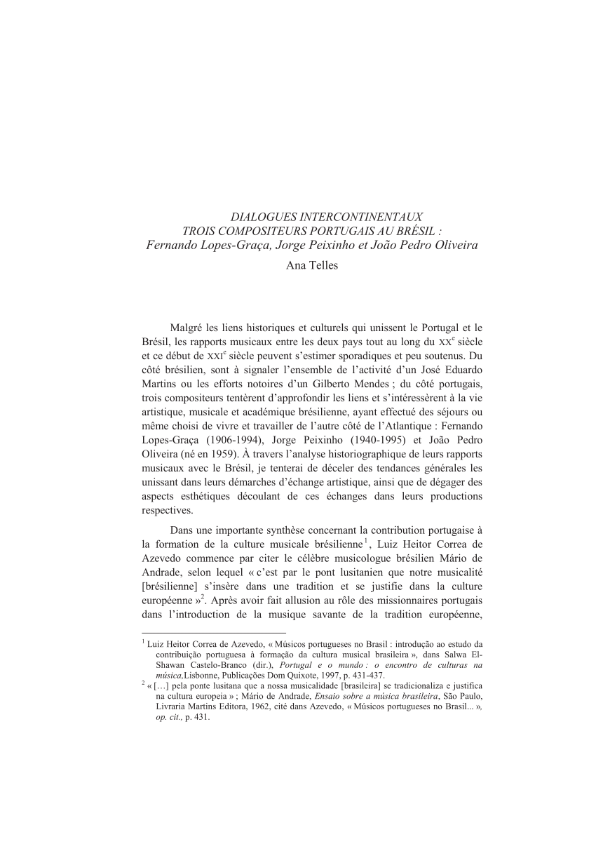 Pdf Dialogues Intercontinentaux Trois Compositeurs Portugais Au Bresil Fernando Lopes Graca Jorge Peixinho Et Joao Pedro Oliveira