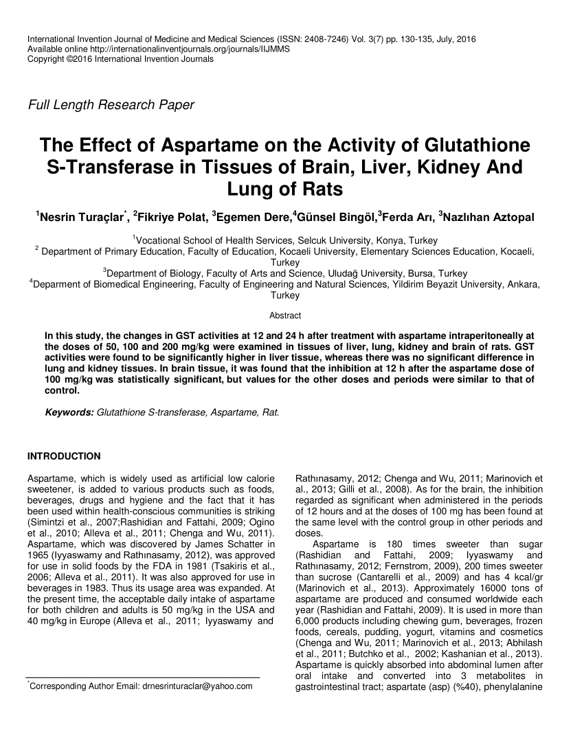 (PDF) The Effect of Aspartame on the Activity of Glutathione S