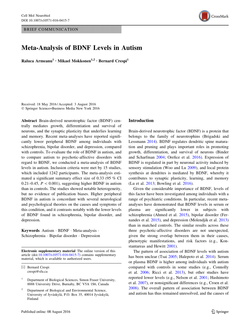 PDF Meta Analysis of BDNF Levels in Autism