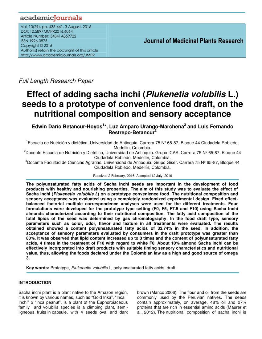 Pdf Effect Of Adding Sacha Inchi Plukenetia Volubilis L Seeds To A Prototype Of Convenience Food Draft On The Nutritional Composition And Sensory Acceptance