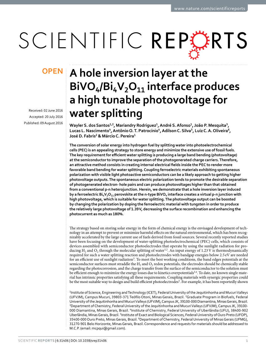 PDF) A hole inversion layer at the BiVO 4 /Bi 4 V 2 O 11 interface 