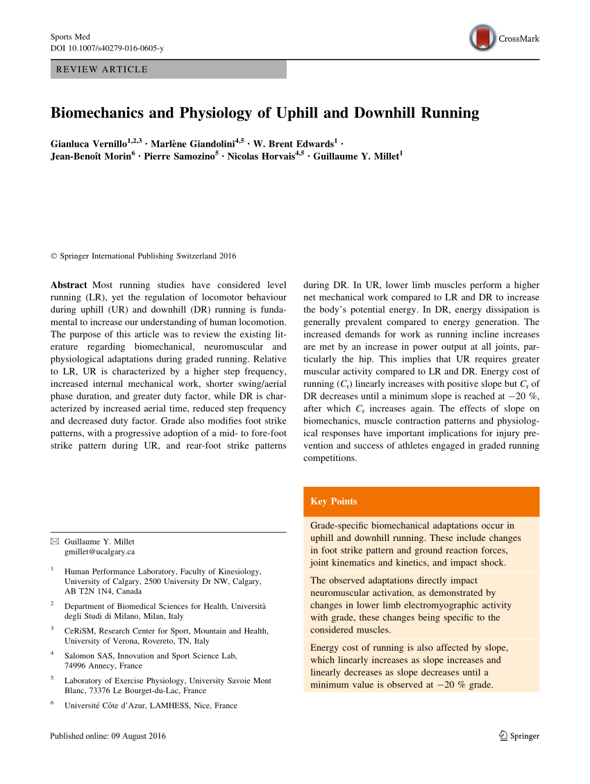 Pdf Biomechanics And Physiology Of Uphill And Downhill Running