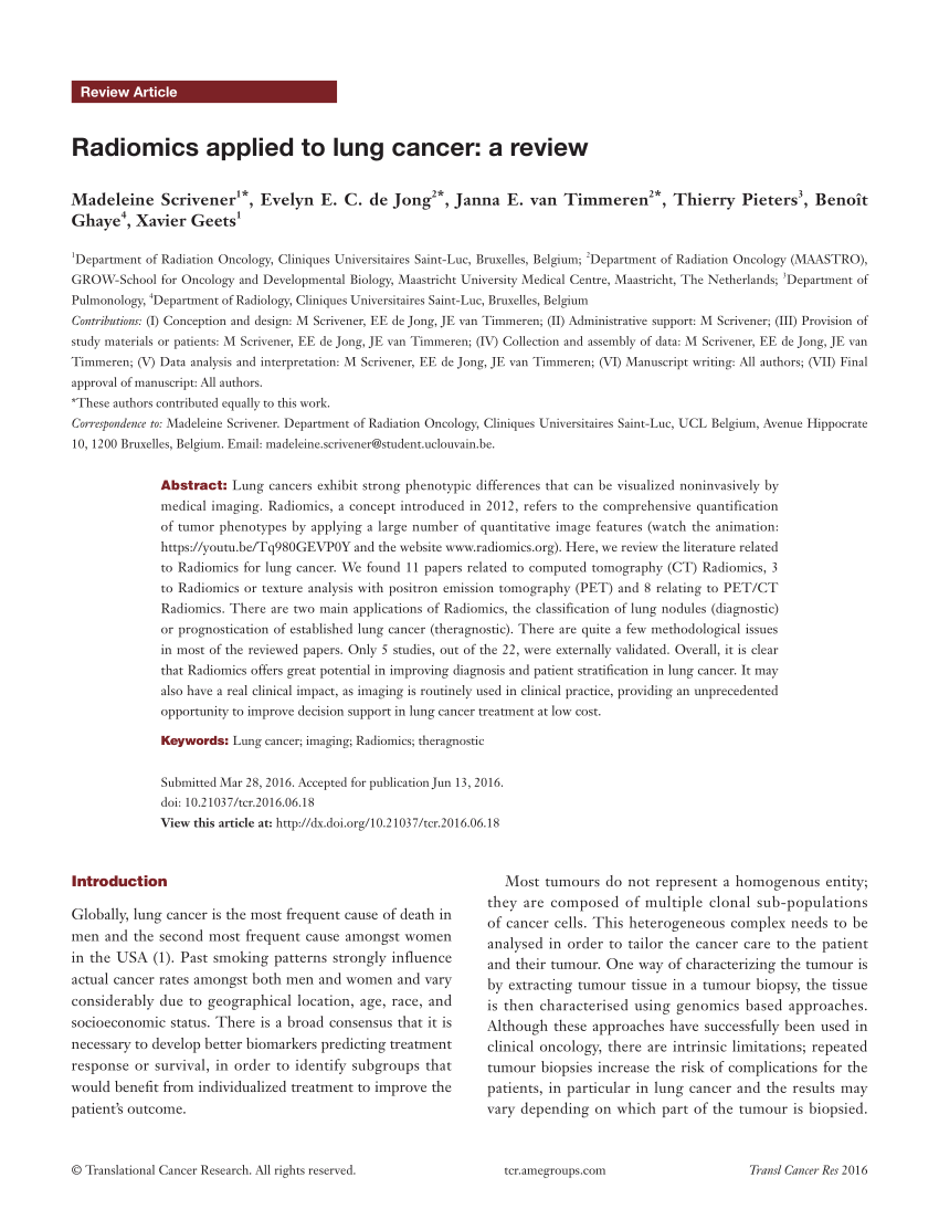 (PDF) Radiomics applied to lung cancer: A review