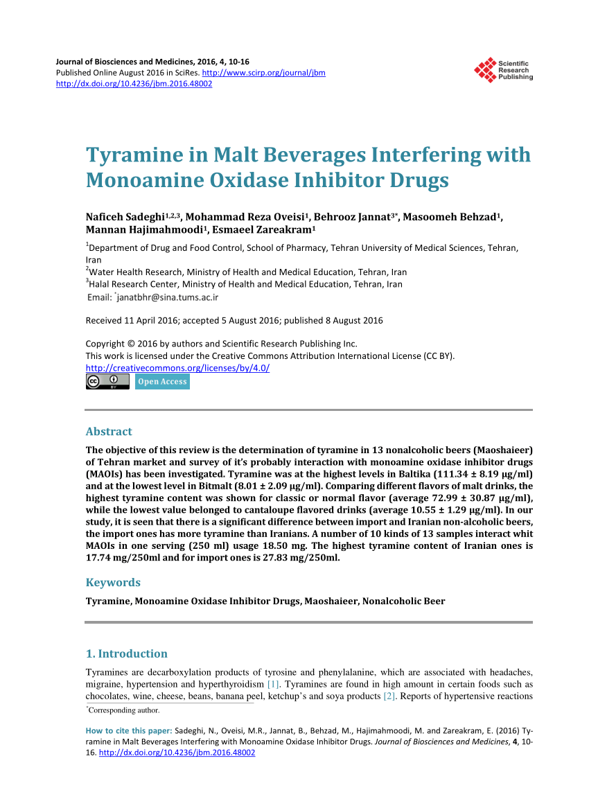 Pdf Tyramine In Malt Beverages Interfering With Monoamine Oxidase Inhibitor Drugs