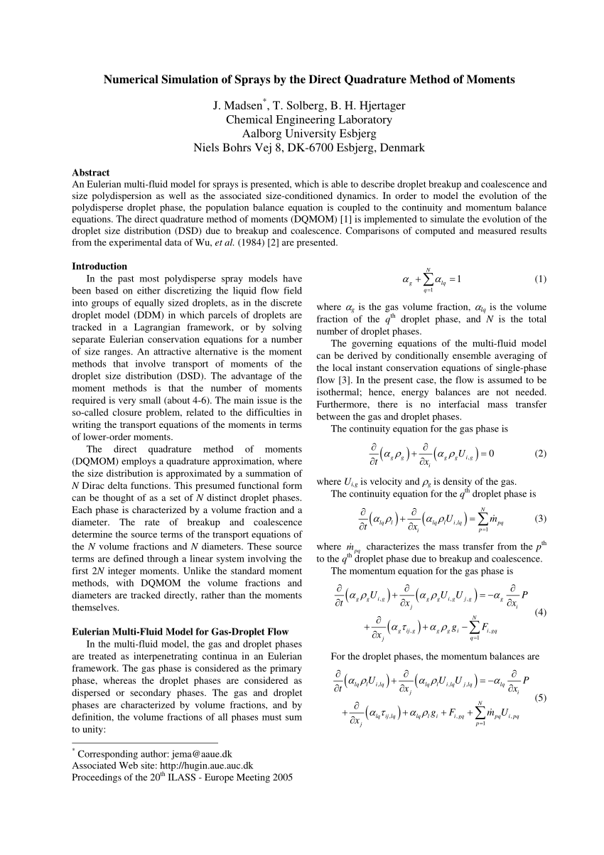 Pdf Numerical Simulation Of Sprays By The Direct Quadrature Method Of Moments