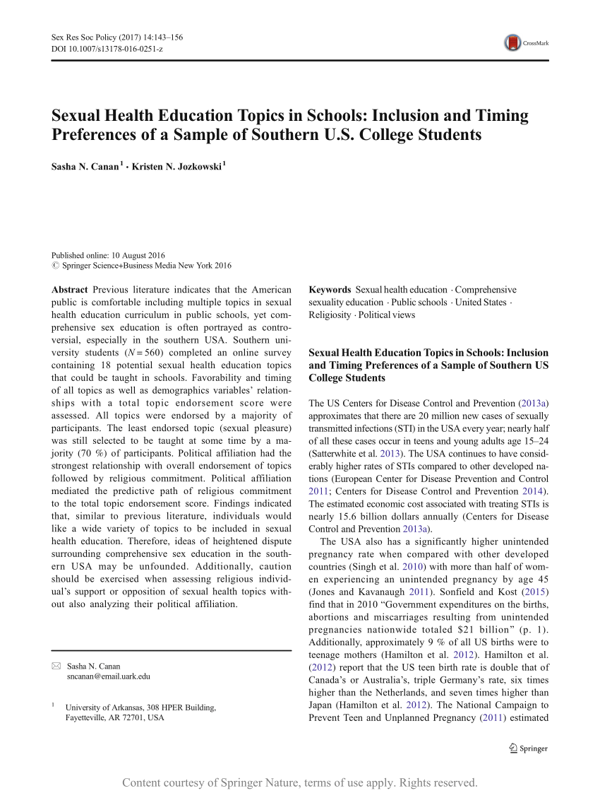 Sexual Health Education Topics in Schools Inclusion and Timing