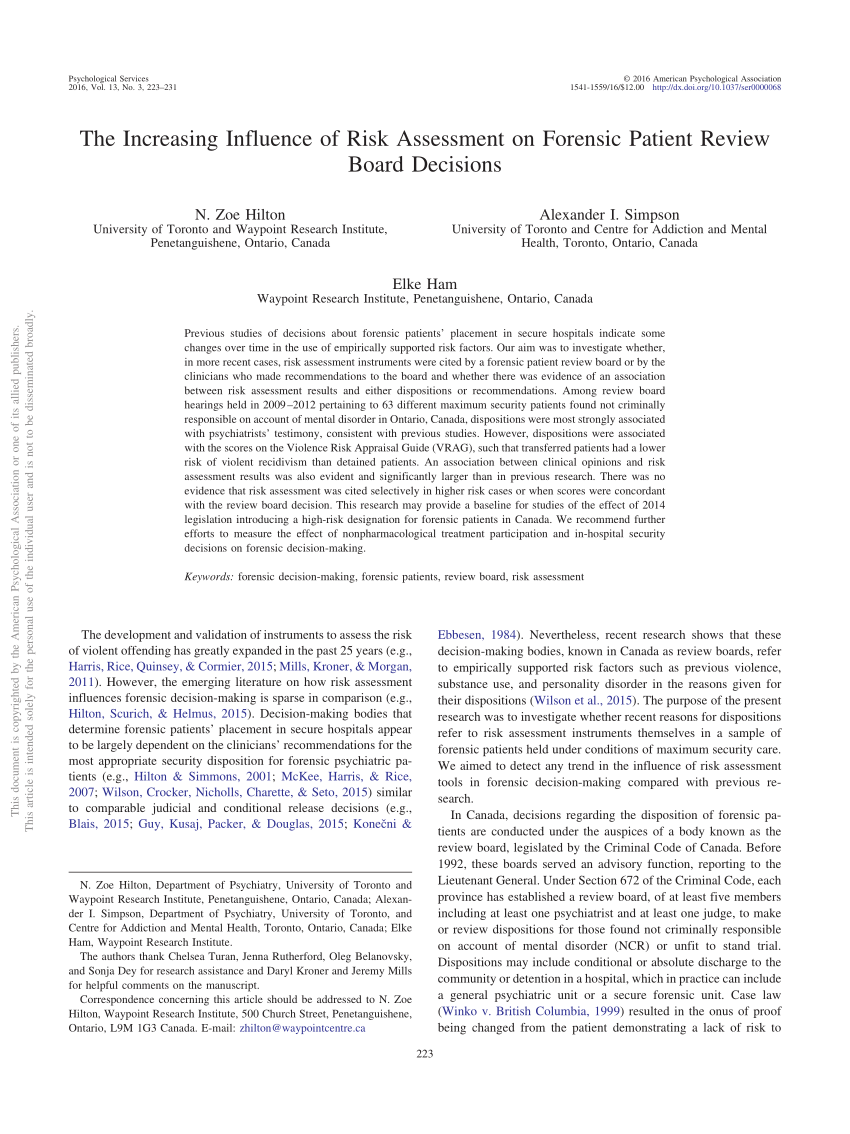 The Increasing Influence of Risk Assessment on Forensic Patient  