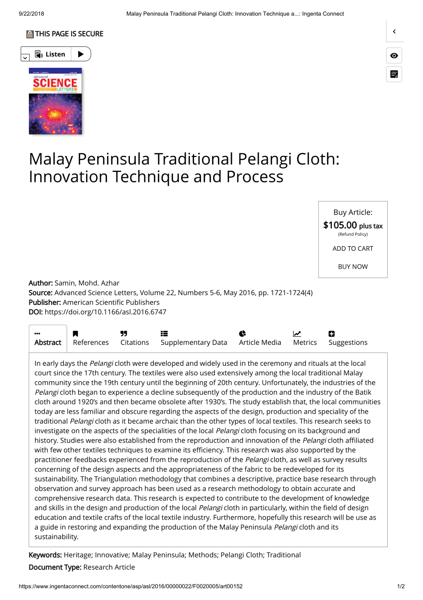 Pdf Malay Peninsula Traditional Pelangi Cloth Innovation Technique And Process