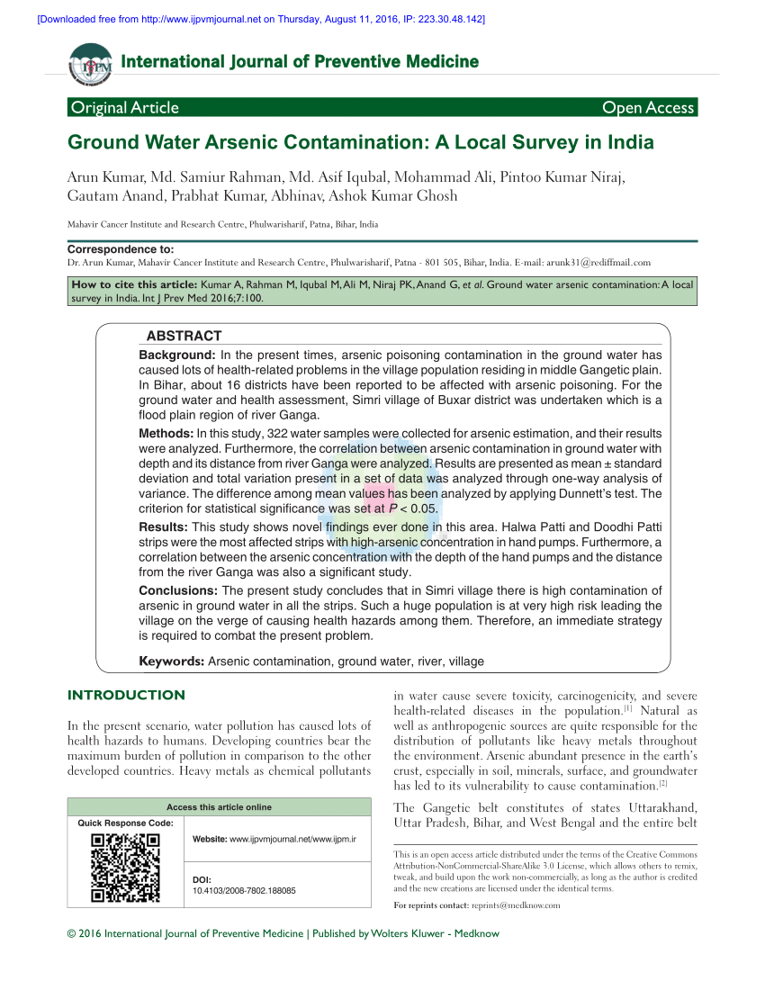 Pdf Ground Water Arsenic Contamination A Local Survey In India