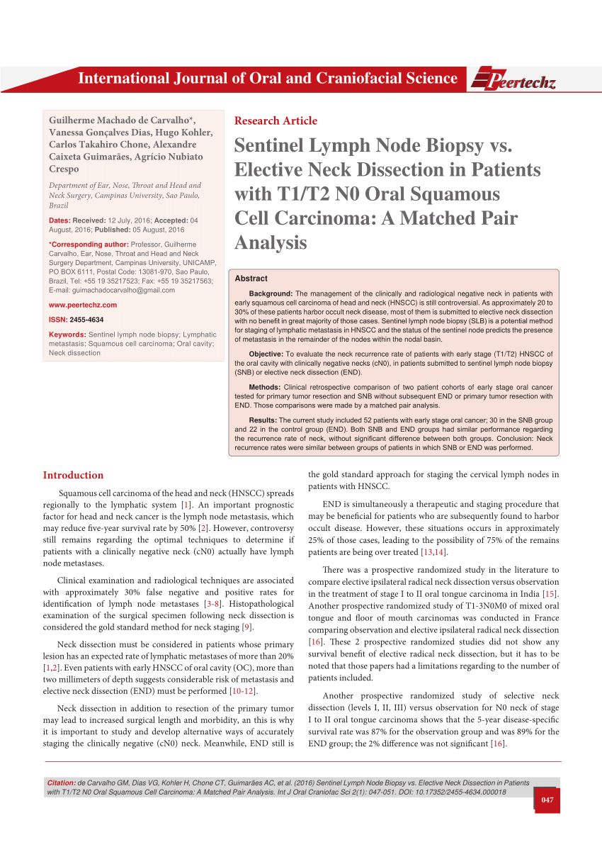 Pdf Sentinel Lymph Node Biopsy Vs Elective Neck Dissection In