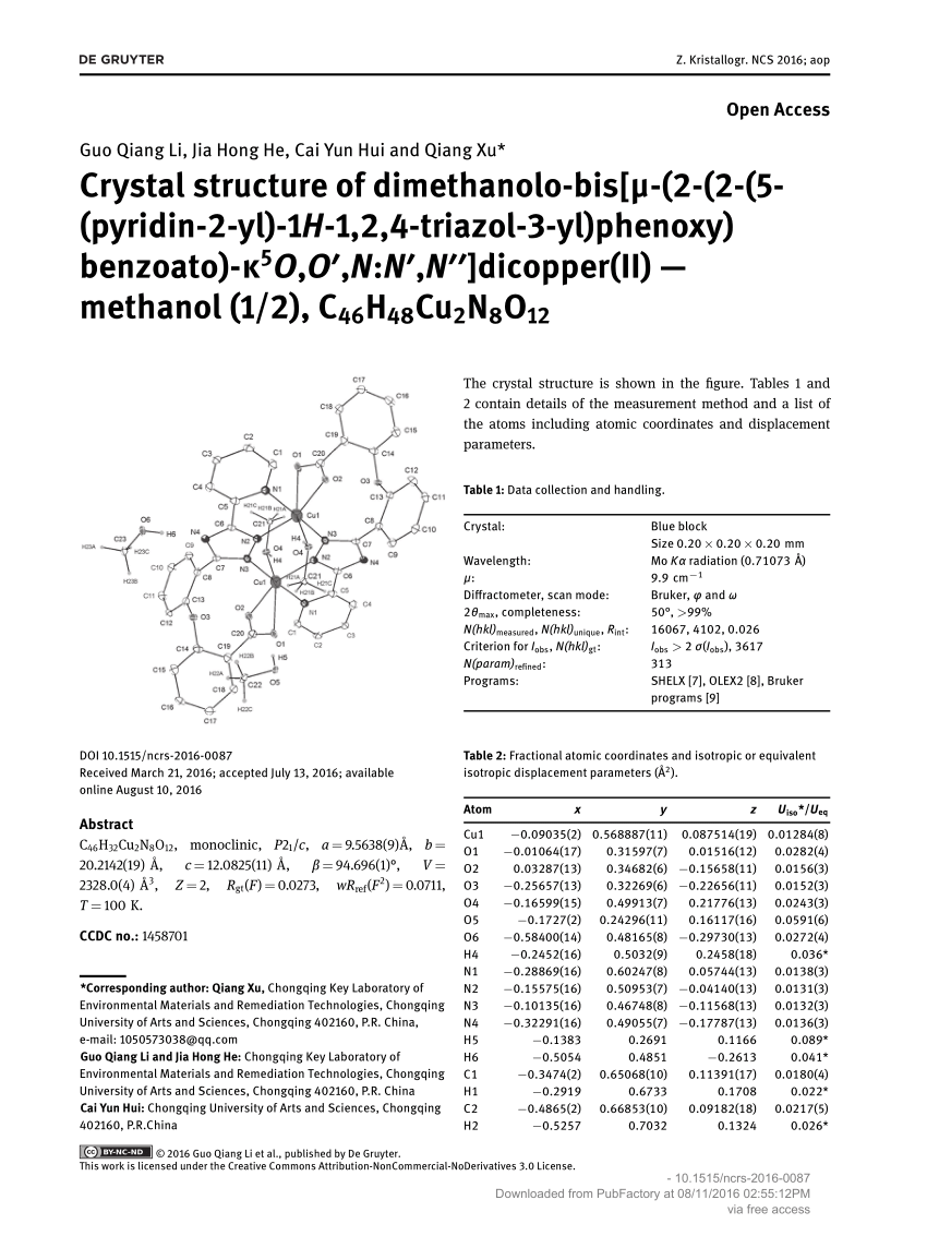 Pdf Crystal Structure Of Dimethanolo Bis M 2 2 5 Pyridin 2 Yl 1h 1 2 4 Triazol 3 Yl Phenoxy Benzoato K5o O N N N Dicopper Ii Methanol 1 2 C46h48cu2n8o12