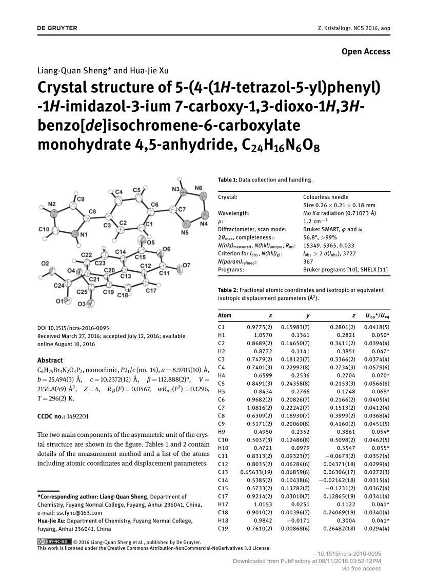 Pdf Crystal Structure Of 5 4 1h Tetrazol 5 Yl Phenyl 1h Imidazol 3 Ium 7 Carboxy 1 3 Dioxo 1h 3h Benzo De Isochromene 6 Carboxylate Monohydrate 4 5 Anhydride C24h16n6o8