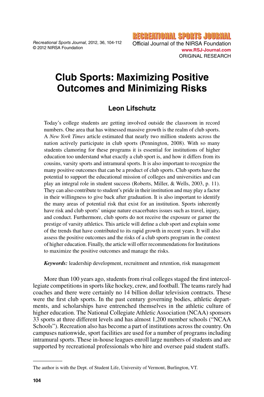 PDF) Club Sports: Maximizing Positive Outcomes and Minimizing Risks