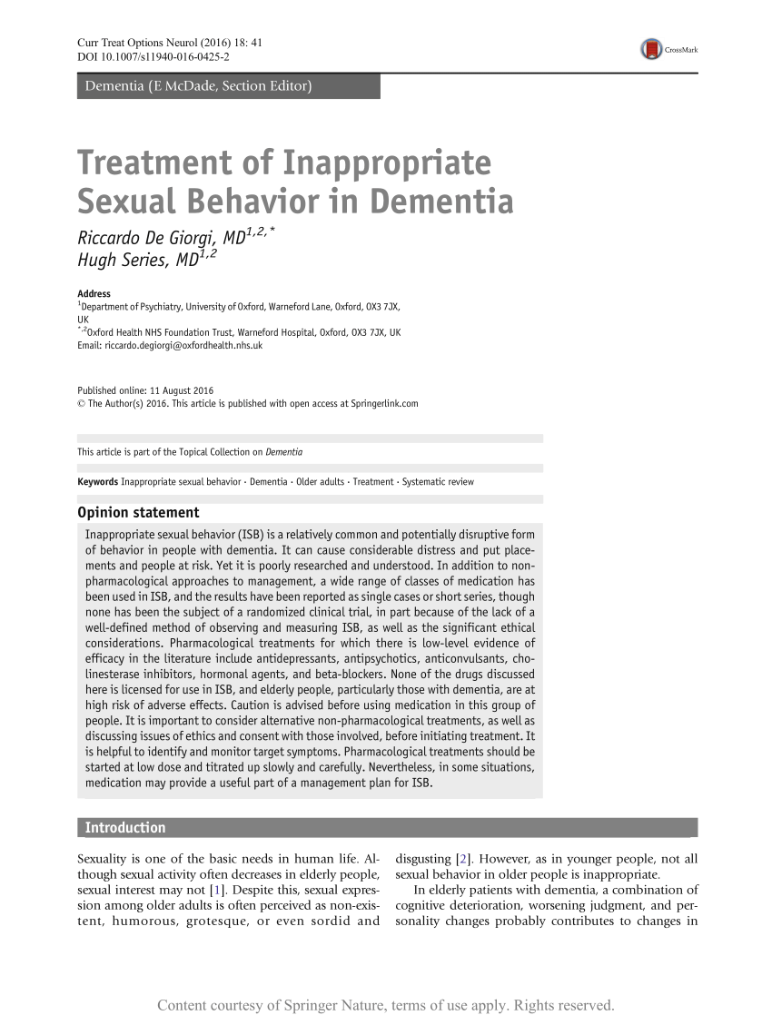 PDF) Treatment of Inappropriate Sexual Behavior in Dementia