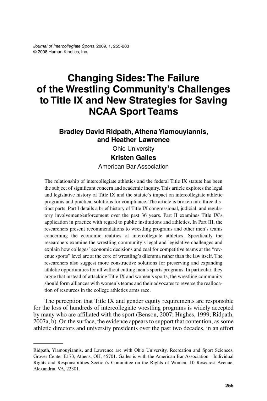 PDF) Changing Sides The Failure of the Wrestling Communitys Challenges to Title IX and New Strategies for Saving NCAA Sport Teams