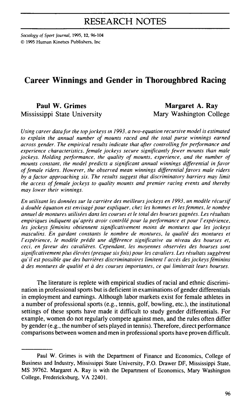 (PDF) Career Winnings and Gender in Thoroughbred Racing