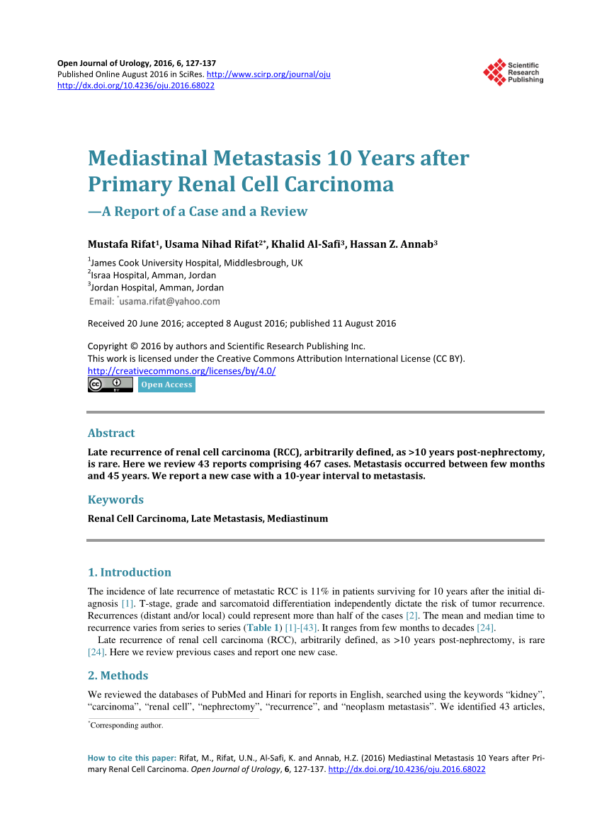 Pdf Mediastinal Metastasis 10 Years After Primary Renal Cell