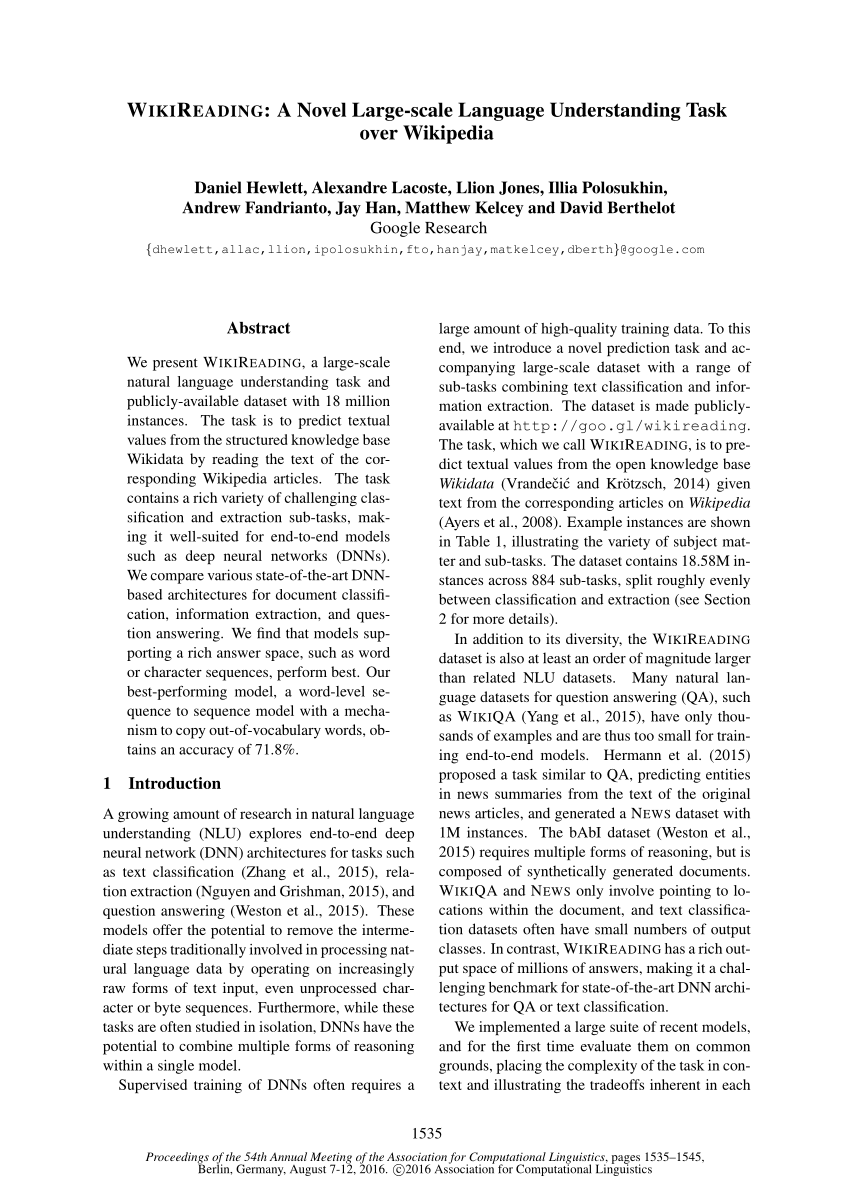 Pdf Wikireading A Novel Large Scale Language Understanding Task Over Wikipedia