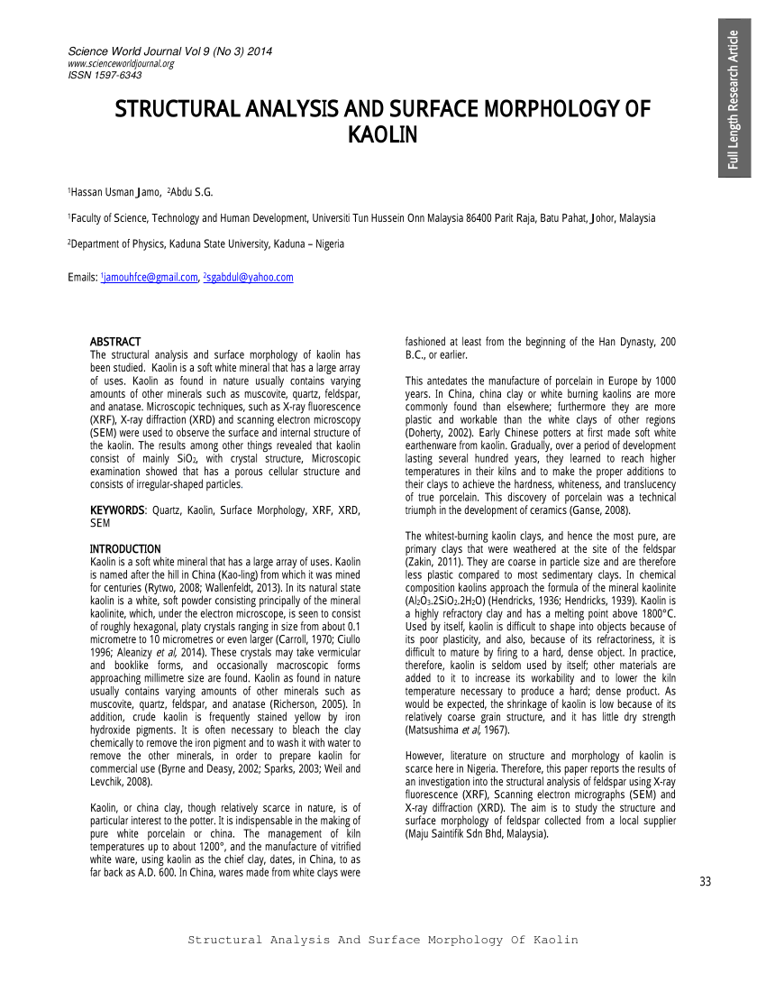 Pdf Structural Analysis And Surface Morphology Of Kaolin