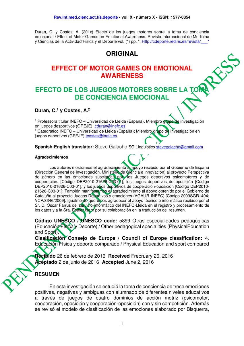 Pdf Effect Of Motor Games On Emotional Awareness - 