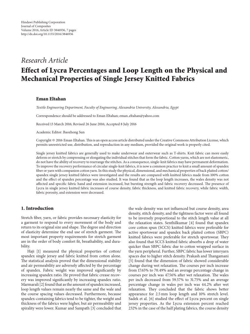 PDF) Effect of Lycra Percentages and Loop Length on the Physical