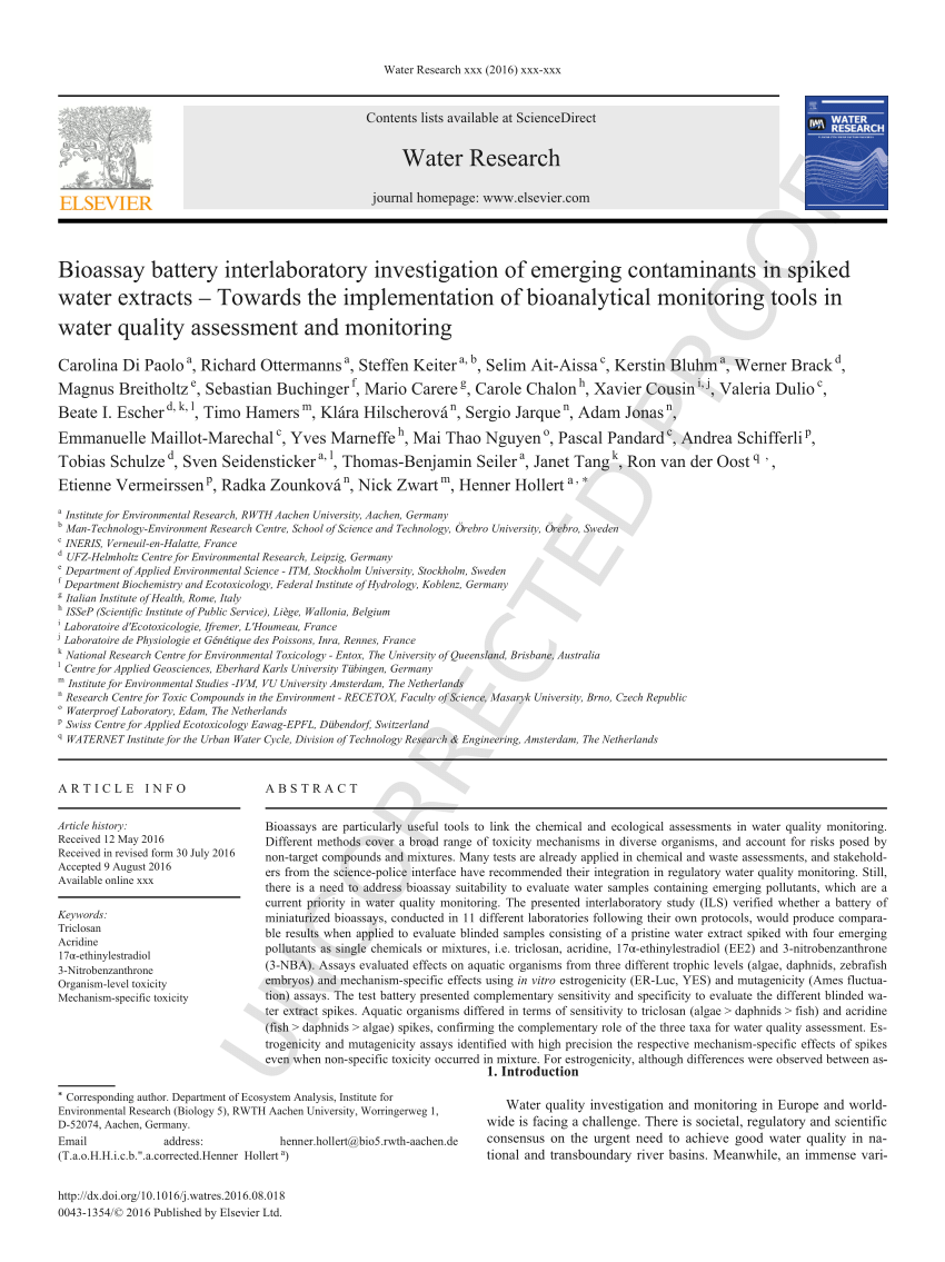 Pdf Bioassay Battery Interlaboratory Investigation Of Emerging Contaminants In Spiked Water Extracts Towards The Implementation Of Bioanalytical Monitoring Tools In Water Quality Assessment And Monitoring