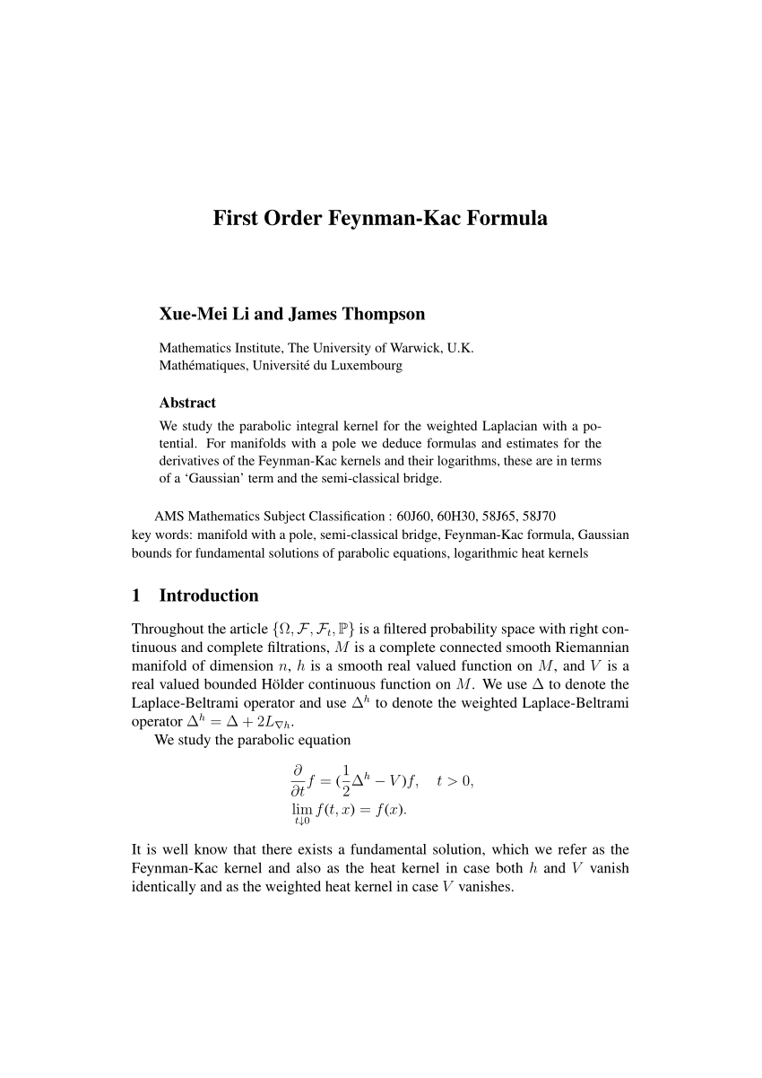 Pdf First Order Feynman Kac Formula