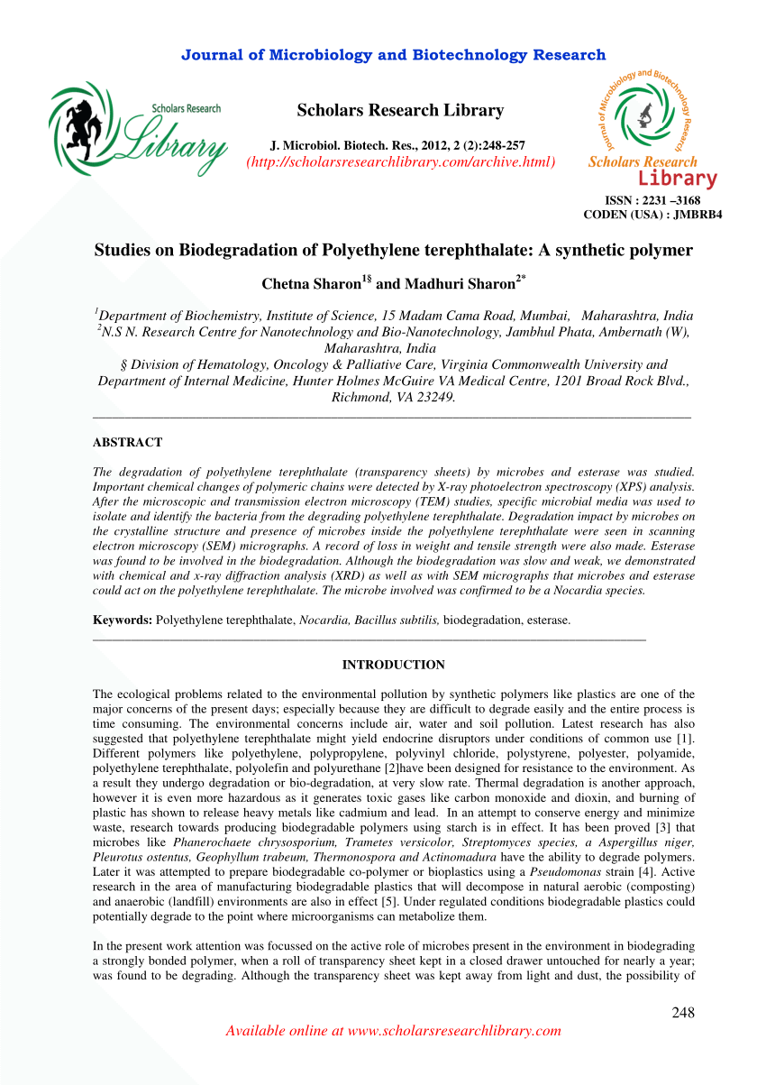 Pdf Studies On Biodegradation Of Polyethylene Terephthalate A Synthetic Polymer