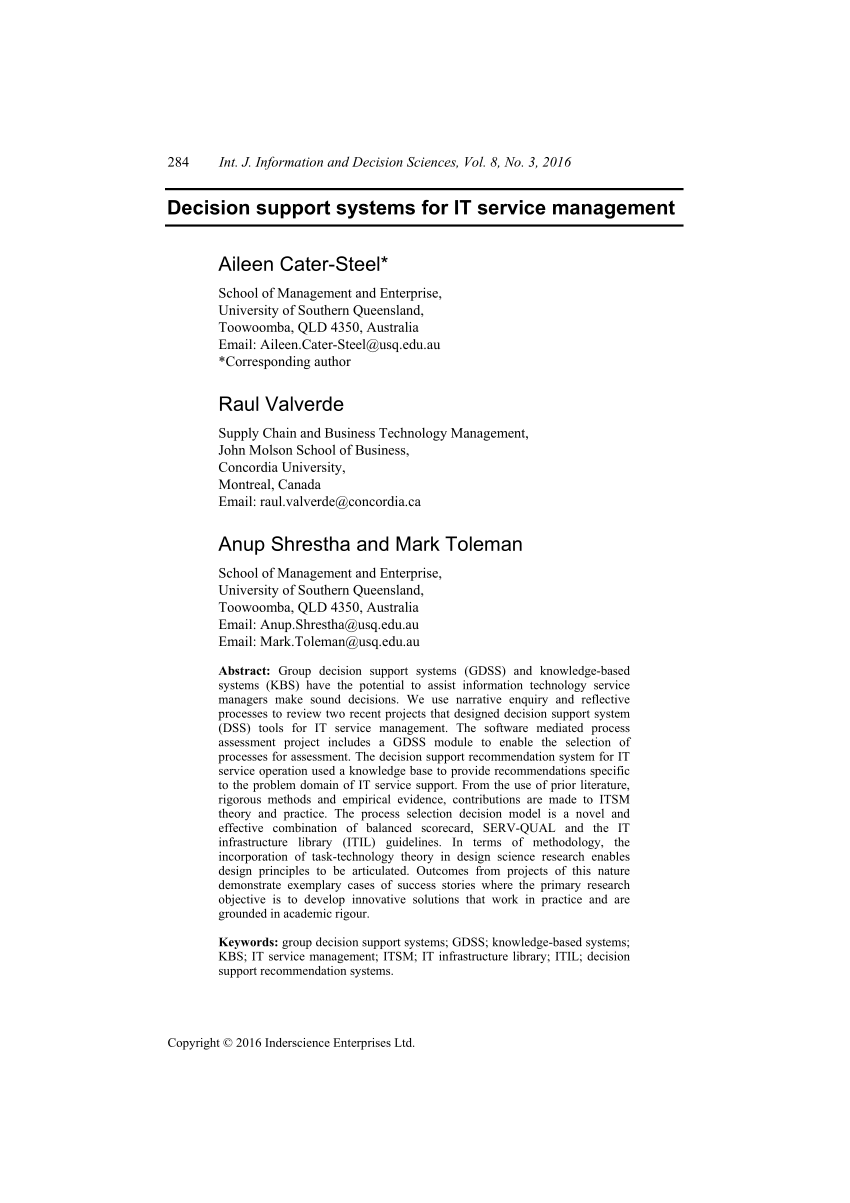 Pdf Decision Support Systems For It Service Management