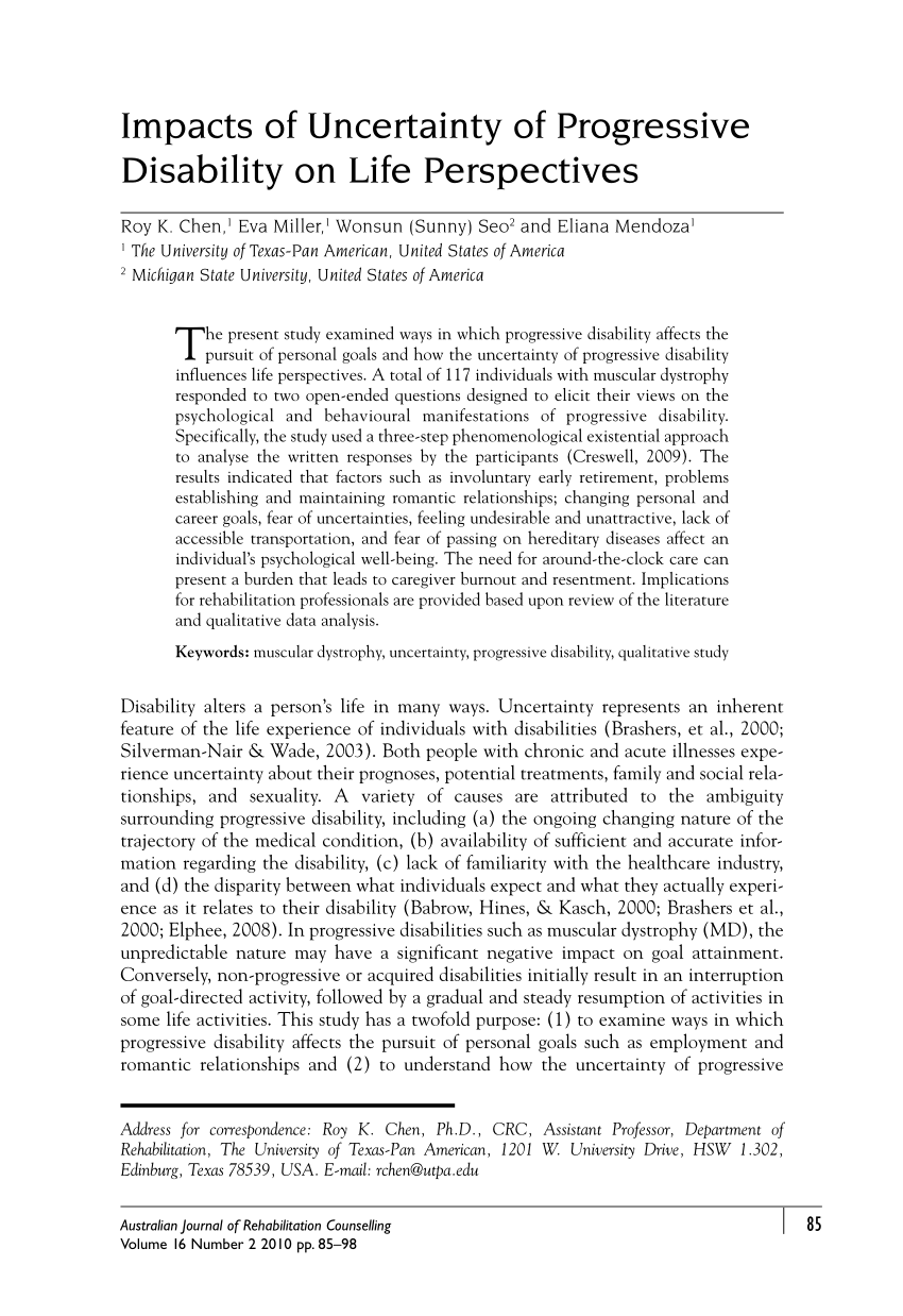 Pdf Impacts Of Uncertainty Of Progressive Disability On Life Perspectives